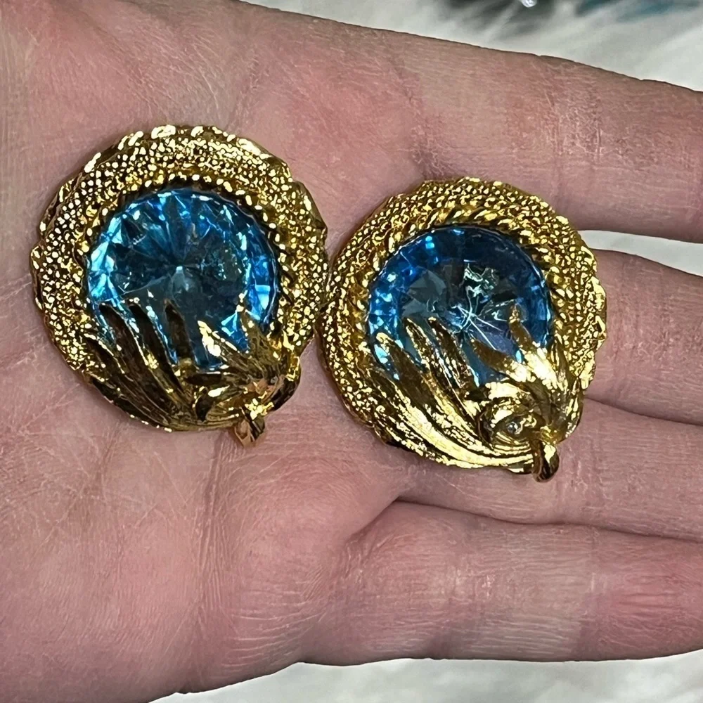 Vintage Bright Aqua Runway Style Clip Earrings